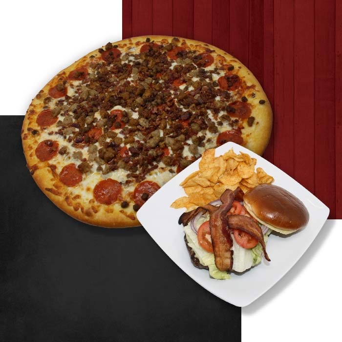 FUBAR Pizza Bar restaurant pizzeria in Fort Walton beach, Florida meat lovers pizza and bacon cheeseburger FUBAR Pizza Bar restaurant pizzeria in Fort Walton beach, Florida meat lovers pizza and bacon cheeseburger